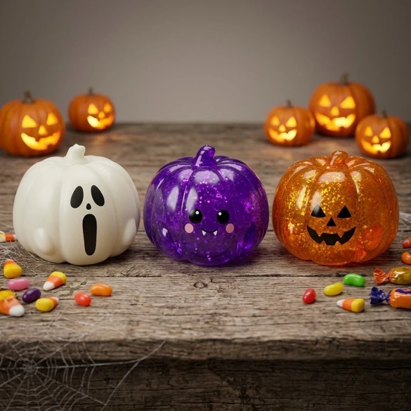 Three XEEGER Halloween pumpkin squishy toys in orange, purple and white